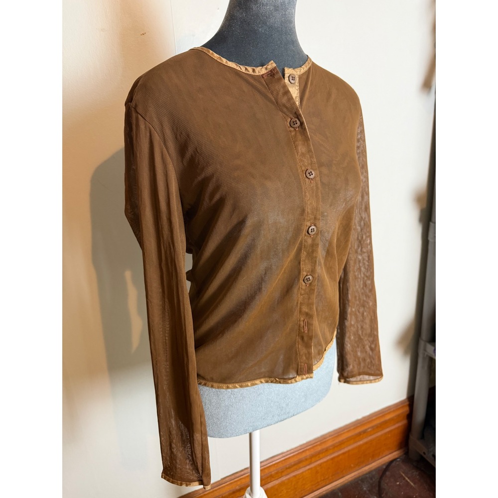Tina Hagen Brown Sheer Mesh Button Front Cardigan Top Whimsigoth fairy grunge S